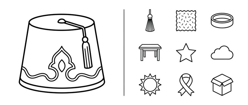 Set of Simple Line Icons Featuring a Traditional Fez Hat and Various Decorative Shapes