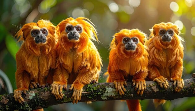 Four Golden Lion Tamarins Perched on a Branch in the Amazon Rainforest.