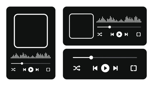 Black and white music player interface with playback controls, progress bars, and sound waveforms audio