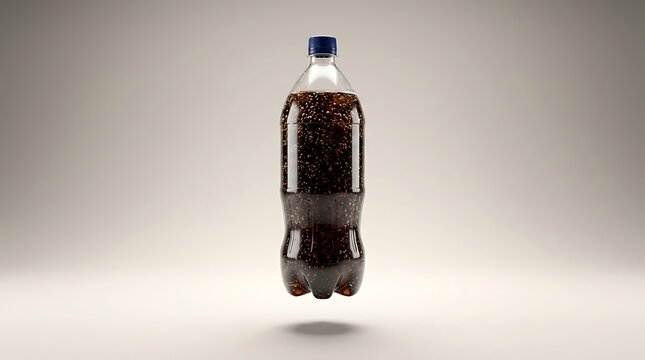Full plastic bottle of dark cola soda drink with carbonated bubbles isolated on a plain studio background. 2 liter soda