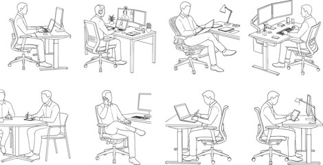 Obraz premium Line art vector set of office workers and businessmen working at desk in different corporate poses