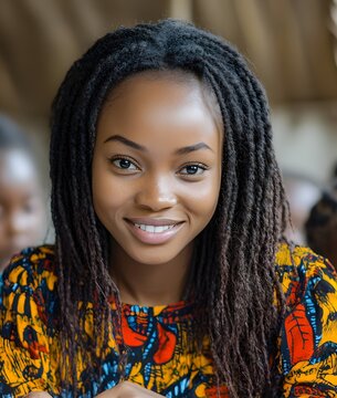 Smiling african woman with dreadlocks wearing a vibrant traditional print dress indoors.