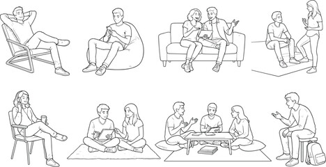 Line art vector illustration set of young people and students relaxing and studying in various poses