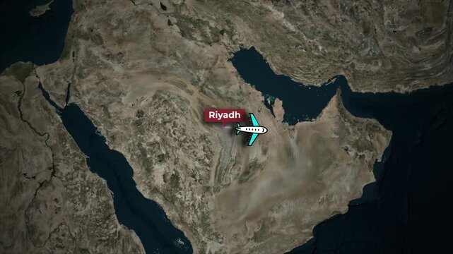 Flight Route Animation Riyadh to Kuala Lumpur on Satellite Map Background