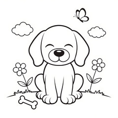 Obraz premium Cute Baby Dog Coloring Page for Kids - Simple Black and White Vector Line Art