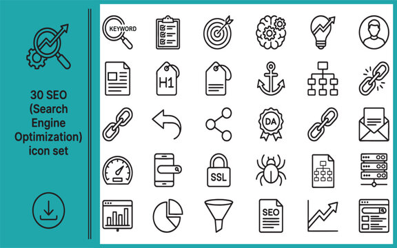 Seo icon set 30 line icons for digital marketing and website optimization