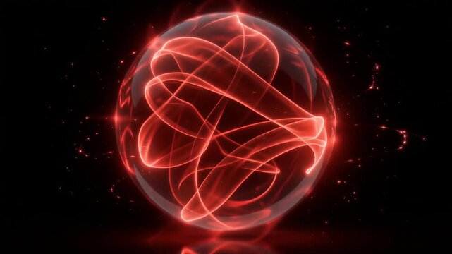 Glowing red energy sphere motion animation featuring swirling light ribbons trapped inside a transparent glass orb