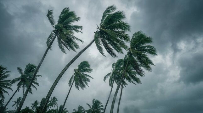 Coconut palm trees being blown by strong winds in a tropical storm under an overcast sky.