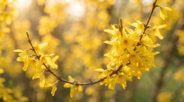 Yellow flowers of a forsythia bush in spring with selective focus and copy space in the background