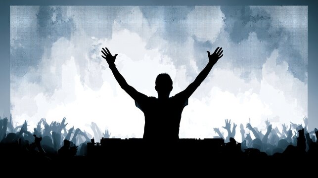 DJ with hands raised in the air, performing for an ecstatic crowd at a concert