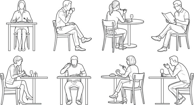 Line art vector illustration set of people dining and eating alone at restaurant tables