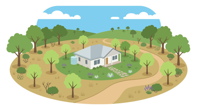 Illustration of a House with Defensible Space and Landscaping