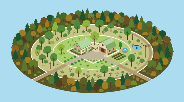 Isometric Illustration of a Sustainable Farmstead Surrounded by Forest