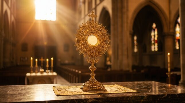 An ostensory used for worship during a Catholic church ceremony specifically for the adoration of the Blessed Sacrament during a Eucharistic Holy Hour.