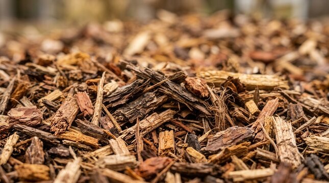 Recycled wood chips from tree bark for mulching and enriching soil in sustainable farming