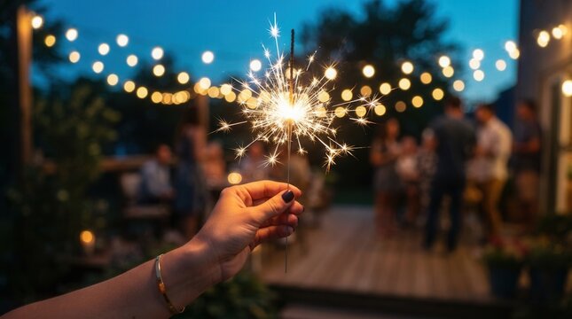 Family celebration in the backyard with a hand holding a sparkler during blue hour