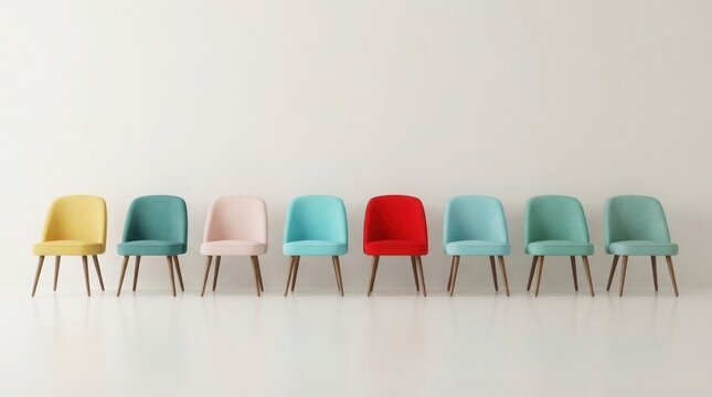 3D illustrated unusual chair in a line representing career chance and corporate management hiring idea