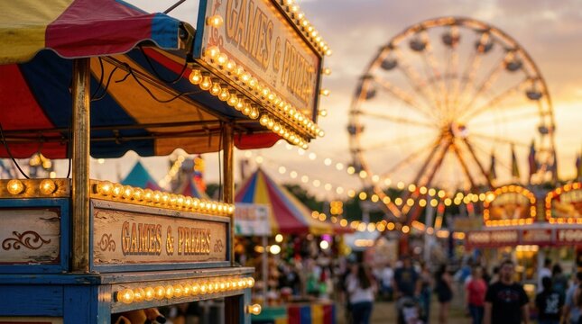 A colorful carnival midway with a blurred background.