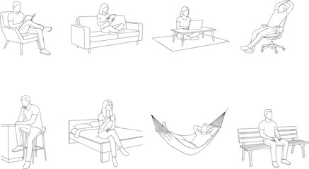 Obraz premium Continuous line drawing set of people sitting and relaxing in different poses at home and outdoors