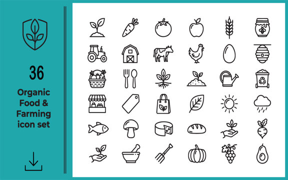 Organic farming and healthy food icon set 36 line icons for agriculture projects