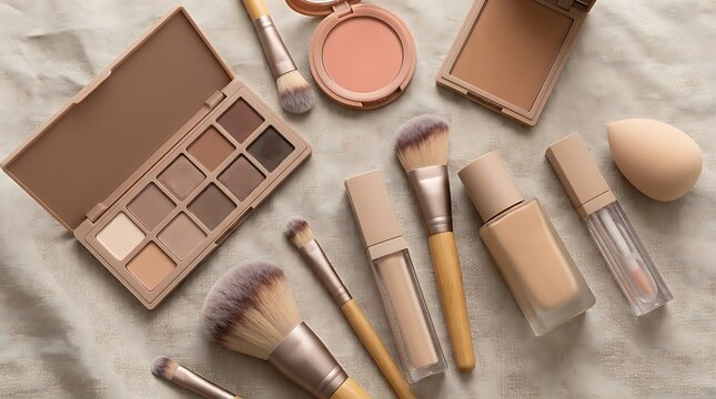 Professional makeup products and cosmetic brushes arranged on a textured gray surface for beauty salon and fashion industry photography concepts. beginner makeup guide