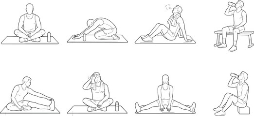 Obraz premium Collection of people stretching and hydrating during post workout recovery on mats and benches