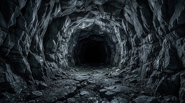 Realistic close up of rocky texture inside a dark underground tunnel cave