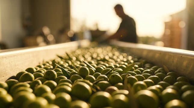 Continuous olive feed for extracting extra virgin olive oil in a small-scale production facility.