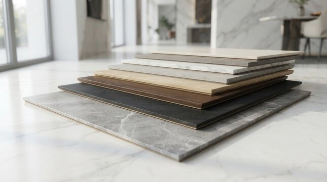 A sample stack of luxury vinyl floor tiles placed on a white marble floor for interior design