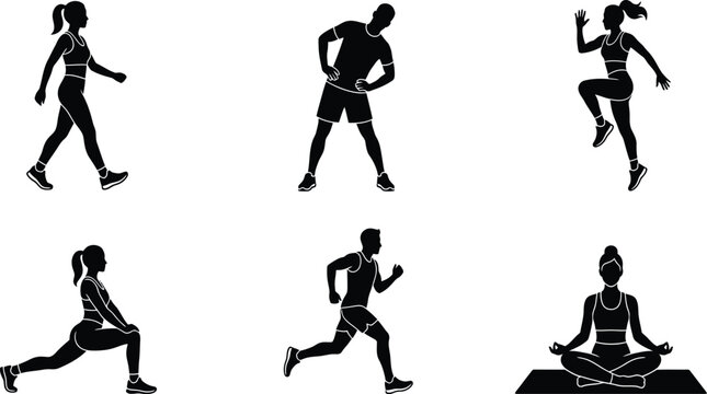 Silhouette fitness icons showing walking, stretching, running, yoga meditation, lunges, and high knee exercises