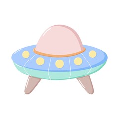 Cartoon UFO illustration playful flying saucer with pink dome, blue body, yellow lights, and landing legs