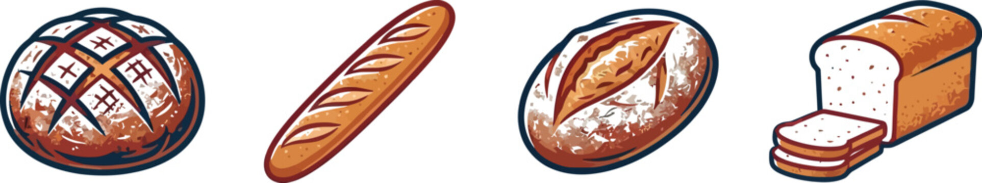 Set of four different types of fresh artisan bread loaves isolated on a white background design