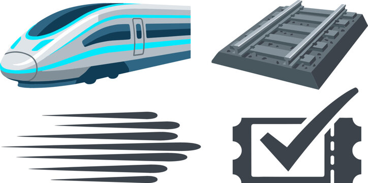 High Speed Bullet Train and Modern Railway Transit Vector Icon Set with Locomotive Capsule, Track Segment, Motion Speed Trails, and Validated Ticket Coupon