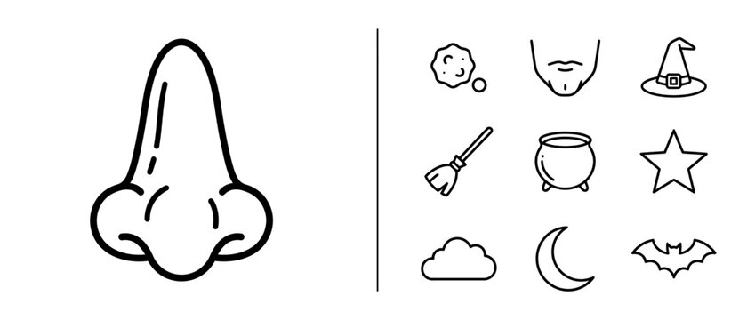 Minimalist Human Nose and Halloween Themed Icon Set Line Art