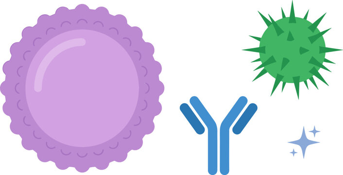 Immune System Vector Icon Set with White Blood Cell, Green Virus Particle, Blue Antibody, and Sparkles for Medical, Healthcare, Science Education, and Biology Illustration Designs