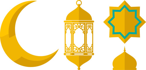 Islamic Ramadan Mubarak Vector Icon Set with Golden Crescent Moon, Ornate Lantern, Eight Pointed Star, and Mosque Dome for Eid Celebration Greeting Card Designs © monoara