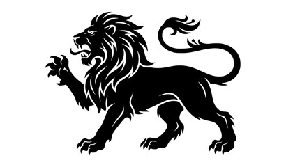 Black Lion Silhouette Illustration Featuring Roaring Wild Big Cat Heraldic Wildlife Design Element © MstNadiya