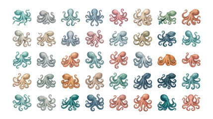 Cute octopus vector illustration set, 40 unique baby octopus designs in various pastel colors, adorable marine animal collection for children's designs, ocean-themed graphics © Ambreen