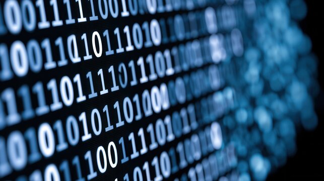 Binary code displayed on a digital screen with a blue background in a modern technology setting