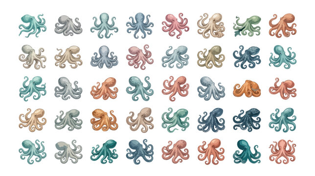 Cute octopus vector illustration set, 40 unique baby octopus designs in various pastel colors, adorable marine animal collection for children's designs, ocean-themed graphics