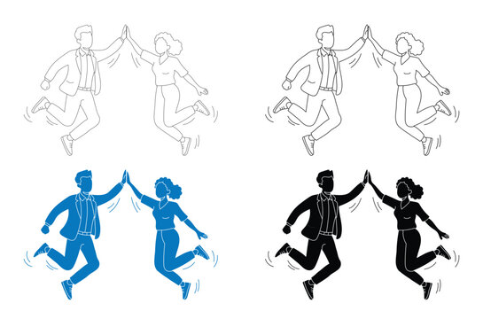 Business partnership teamwork success concept featuring jumping couple high fiving in outline style