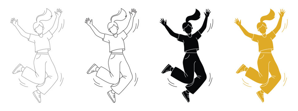 Joyful girl jumping in celebration featuring flat outline character and solid icons collection