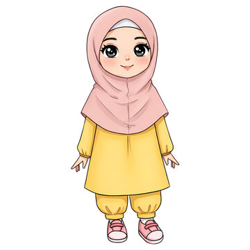Cute little girl wearing a pink hijab and yellow outfit standing in a simple pose