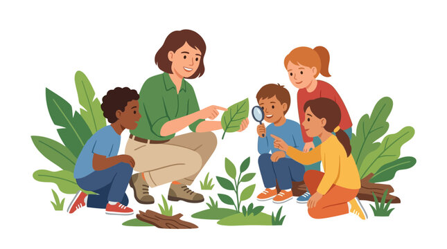 Teacher and Children Exploring Nature Outdoors
