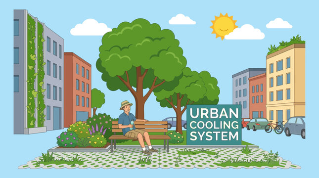 Urban Cooling System Vector Illustration with Green City Infrastructure