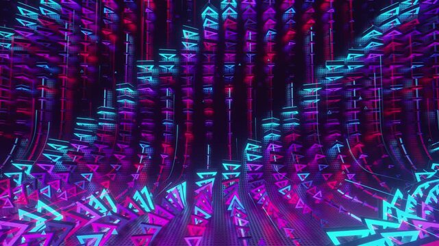 Hypnotic seamless loop of a futuristic geometric array. Abstract digital system made of rotating triangular prisms, crystalline lattices and textured metal grids, creating deep abstract background.