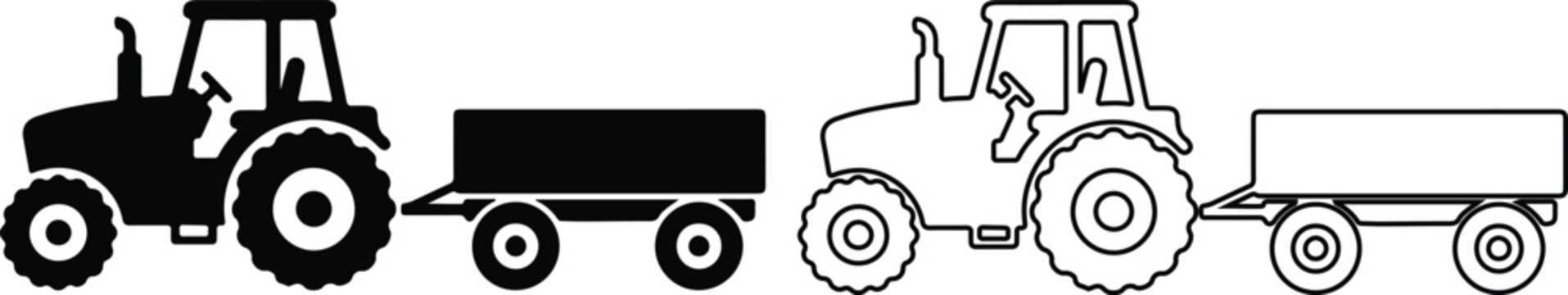 Tractor towing trailer in silhouette and outline on white background for agriculture and transport concepts