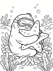 Fototapeta premium Coloring page, sleepy sloth hugging a giant starfish.