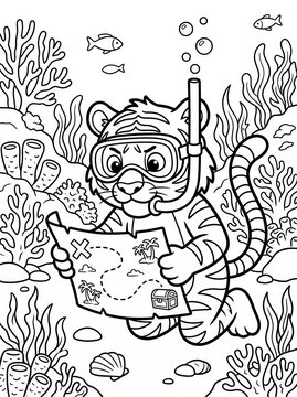 Coloring page, focused tiger reading a treasure map underwater.