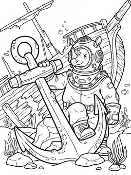 Coloring page, strong rhino resting on a sunken ship anchor.